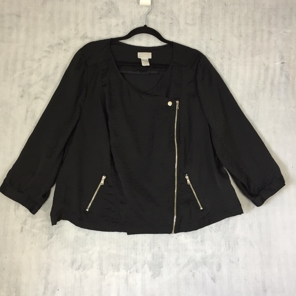 Cross Front Top Womens 22 Snaps Angled Zipper Black Poly Lightweight Pockets - Picture 2 of 13